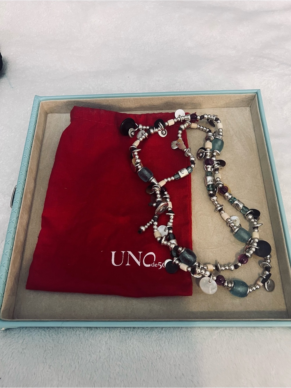 UNO de 50 Esmeralda Murano Glass Beaded Charm Necklace Long 38”